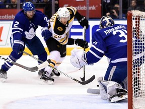 Toronto Maple Leafs goaltender Frederik Andersen stops Boston Bruins centre Riley Nash during Game 4 at the Air Canada Centre on April 19, 2018