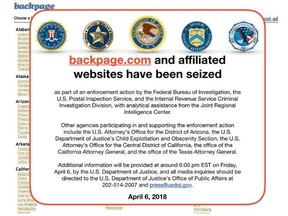 This Friday, April 6, 2018 image shows an FBI notice on the Backpage.com website. Federal law enforcement authorities are in the process of seizing Backpage.com and its affiliated websites as part of an enforcement action by the FBI and other agencies. (AP Photo)