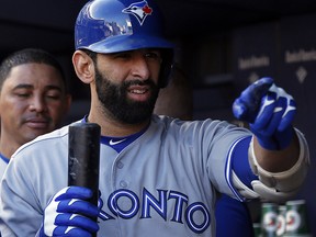 Jose Bautista of the Toronto Blue Jays celebrates after hitting a sacrifice fly against the New York Yankees on October 1, 2017 in the Bronx . (Adam Hunger/Getty Images)