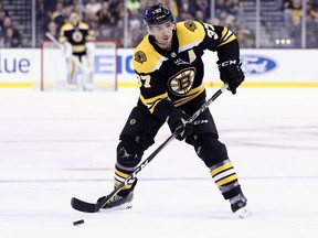 Patrice Bergeron of the Boston Bruins skates against the Florida Panthers during the third period at TD Garden on April 8, 2018
