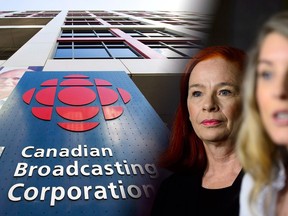 Heritage Minister Melanie Joly announces Catherine Tait, left, as the new president and CEO of CBC/Radio-Canada during a press conference in Ottawa on Tuesday, April 3, 2018 alongside a April 4, 2012 file photo the CBC building in Toronto.