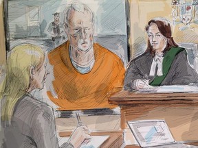 In this artist's sketch, Bruce McArthur makes an appearance via video in a Toronto courtroom,  April 11, 2018. THE CANADIAN PRESS/Alexandra Newbould