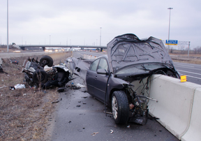 One man is dead after a car travelling the wrong way on Hwy. 403 near Cawthra Rd. crashed into a guardrail early on Saturday, April 28, 2018.