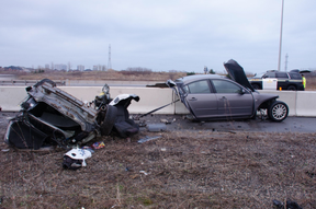 One man is dead after a car travelling the wrong way on Hwy. 403 near Cawthra Rd. crashed into a guardrail early on Saturday, April 28, 2018.