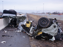 One man is dead after a car travelling the wrong way on Hwy. 403 near Cawthra Rd. crashed into a guardrail early on Saturday, April 28, 2018.