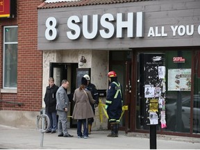 Toronto Fire, Police and the Office of the Fire Mashal are investigating a two0-alarm fire at occurred at 8 Sushi restaurant on the Danforth and Carlaw Aves. that broke out at 4:32 a.m. Thursday  on Friday April 13, 2018.