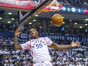 Toronto Raptors' Delon Wright slams the ball against the Washington Wizards in Game 2 at the Air Canada Centre in Toronto on Tuesday, April 17, 2018. (Ernest Doroszuk/Toronto Sun)