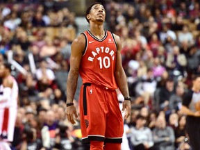 Toronto Raptors guard DeMar DeRozan reacts after missing a shot during NBA action against the Washington Wizards in Toronto on Nov. 5, 2017