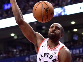 Toronto Raptors forward Serge Ibaka dunks against the Boston Celtics on April 4, 2018