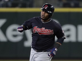 Cleveland Indians' Edwin Encarnacion rounds the bases after hitting a two-run home run on April 1, 2018.  (TED S. WARREN/AP)