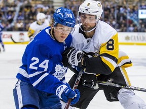 Toronto Maple Leafs forward Kasperi Kapanen during NHL action against Pittsburgh Penguins defenceman Brian Dumoulin on March 10, 2018