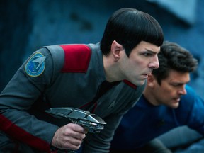 In this image released by Paramount Pictures, Zachary Quinto, left, and Karl Urban appear in a scene from "Star Trek Beyond." (Kimberley French/Paramount Pictures via AP)