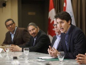 Prime Minister Justin Trudeau meets with Indigenous leaders during a visit to Fort McMurray Alta, on Friday April 6, 2018.