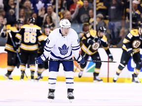 Maple Leafs defenceman Jake Gardiner hangs his head after the Bruins scored in Boston during Game 5 on Saturday night. (Getty Images)