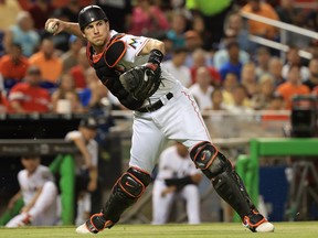 J.T. Realmuto of the Miami Marlins has been welcome relief to his fantasy owners and the catching position position as a whole since making his season debut a week and ahalf ago. (Photo by Mike Ehrmann/Getty Images)
