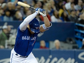 Toronto Blue Jays left fielder Randal Grichuk reacts after flying out to right field during MLB action in Toronto on April 2, 2018