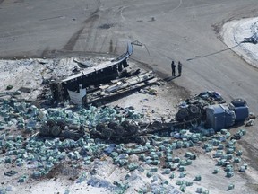 The wreckage of a fatal crash outside of Tisdale, Sask., is seen Saturday, April, 7, 2018. A bus carrying the Humboldt Broncos hockey team crashed into a truck en route to Nipawin for a game Friday night killing 14 and sending over a dozen more to the hospital.