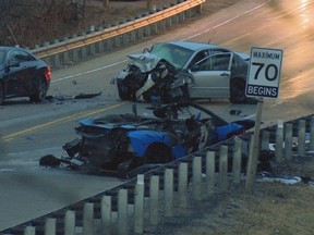 The aftermath of a multi-vehicle crash that included a blue Lamborghini on Stouffville Rd. in Richmond Hill on Sunday, April 1, 2018. (David Ritchie photo)