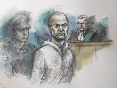 Alek Minassian appears before justice of the peace Stephen Waisberg in 1000 Finch Ave. W. Court on April 24, 2018. (Sketch by Pam Davies)