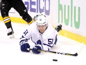 Maple Leafs defenceman Jake Gardiner hits the ice on Wednesday night in Boston. (Maddie Meyer/Getty Images)