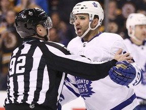 Nazem Kadri of the Toronto Maple Leafs reacts after being called for boarding during Game 1 against the Boston Bruins at TD Garden on April 12, 2018