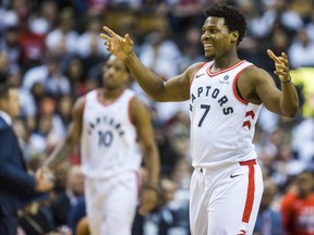 Kyle Lowry walks to the Raptors bench during Game 1 of the NBA Eastern Conference Playoff against the Wizards at the Air Canada in Toronto on Saturday, April 14, 2018. (Ernest Doroszuk/Toronto Sun/Postmedia Network)