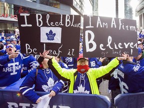 Toronto Maple Leafs fans wait for the game to start outside of the Air Canada Canada at Maple Leaf Square in Toronto on Thursday April 19, 2018. (Ernest Doroszuk/Toronto Sun)