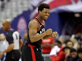 Kyle Lowry of the Toronto Raptors celebrates after scoring against the Washington Wizards during Game 4 at Capital One Arena on April 22, 2018 in Washington, DC. (Rob Carr/Getty Images)