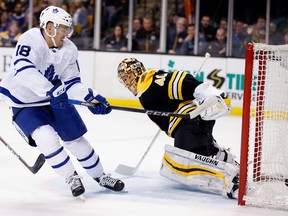 Toronto Maple Leafs' Andreas Johnsson (18), of Sweden, scores on Boston Bruins' Tuukka Rask (40), of Finland, during the first period of Game 5 of an NHL hockey first-round playoff series in Boston, Saturday, April 21, 2018. (AP Photo/Michael Dwyer) ORG XMIT: MAMD101