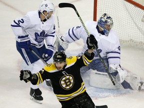 Boston Bruins left winger Brad Marchand celebrates his goal against the Toronto Maple Leafs during Game 1 on April 12, 2018