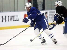 Toronto Maple Leafs  winger Patrick Marleau goes across ice in preparation for their game in New Jersey on in Toronto on April 4, 2018