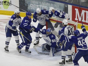 Carl Grundstrom scores to make it 1-1 in Game 6 of last year's playoff series with the Syracuse Crunch. (MICHAEL PEAKE/TORONTO SUN)