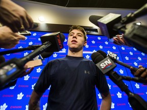 Toronto Maple Leafs' Mitch Marner speaks to media during the Leafs locker clean out at the Air Canada Centre in Toronto on Friday April 27, 2018. (Ernest Doroszuk/Toronto Sun)