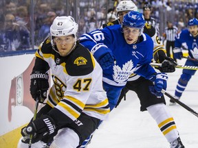 Toronto Maple Leafs forward Mitch Marner during Game 3 action against the Boston Bruins at the Air Canada Centre on April 16, 2018