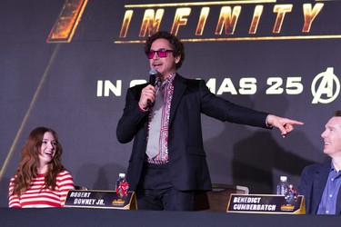 Marvel Studios' Avengers Infinity War Talent Tour Press Conference, Singapore - April 15th - Karen Gillan, Robert Downey Jr., Benedict Cumberbatch
