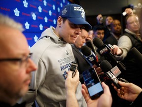 Toronto Maple Leafs' Auston Matthews speaks to reporters during an end-of-season scrum at the Air Canada Centre on, April 27, 2018