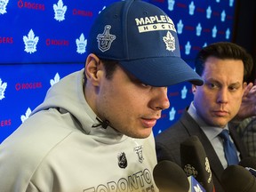 Toronto Maple Leafs centre Auston Matthews speaks to the media during the Leafs locker clean out at the Air Canada Centre in Toronto Friday, April 27, 2018. (Ernest Doroszuk/Toronto Sun)