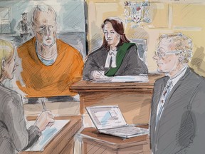 In this artist's sketch, alleged serial killer Bruce McArthur makes an appearance via video in a Toronto courtroom, Wednesday, April 11, 2018. From left, lawyer Samantha Saunders, part of McArthur's defence team, McArthur, Justice Wendy Agnew and Crown Michael Cantlon are shown.