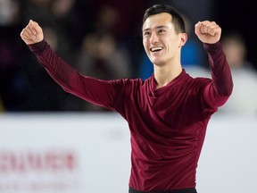 Patrick Chan celebrates after performing his free program during the senior men's competition at the Canadian Figure Skating Championships on Jan. 13, 2018