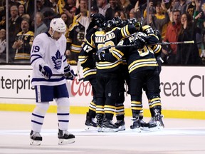 Maple Leafs forward Tomas Plekanec after Boston Bruins celebrate a goal in Game 1 of their opening-round series. (Maddie Meyer/Getty Images)