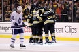 Maple Leafs forward Tomas Plekanec after Boston Bruins celebrate a goal in Game 1 of their opening-round series. (Maddie Meyer/Getty Images)