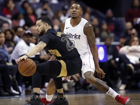 Toronto Raptors guard Fred VanVleet (23) works to get past Washington Wizards guard Bradley Beal (3) during Game 6 on Friday, April 27, 2018 (AP Photo/Alex Brandon)