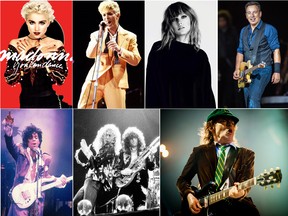 Clockwise from top left: Madonna; David Bowie; Taylor Swift; Bruce Springsteen; Angus Young from AC/DC; Led Zeppelin's Robert Plant and Jimmy Page and Prince.