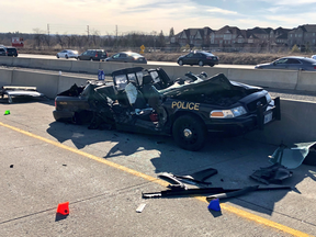 An OPP cruiser is seen after being hit on Hwy. 407 in Brampton on Monday, April 23, 2018. (twitter.com/opp_hsd)