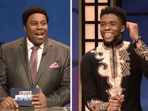 Black Panther`s T`Challa (Chadwick Boseman) interacts with Black Jeopardy host Darnell Hayes (Kenan Thompson) during a sketch on SNL. (Facebook)