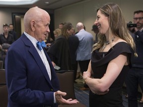 Former Toronto Maple Leaf Dave Keon, left, chats to Chandra Crawford, an Olympic gold medallist in cross country skiing, following a news conference to announce inductees to Canada's Sports Hall of Fame's 'Class of 2018' in Toronto on Thursday, April 26, 2018. THE CANADIAN PRESS/Chris Young