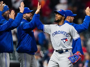 Teoscar Hernandez of the Toronto Blue Jays celebrates with teammates after the Blue Jays defeated the Cleveland Indians at Progressive Field on April 13, 2018 in Cleveland. (Jason Miller/Getty Images)