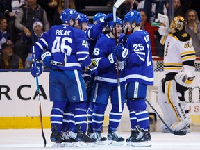 Leafs celebrate a goal on the Bruins on Feb. 24, 2018 (THE CANADIAN PRESS)