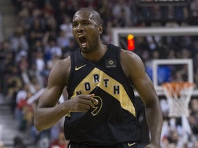 Serge Ibaka reacts after a 3 pointer in the first half as the Toronto Raptors take on the Indiana Pacers at the Air Canada Centre  in Toronto, Ont. on Friday April 6, 2018. Stan Behal/Toronto Sun/Postmedia Network