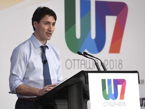 Prime Minister Justin Trudeau delivers remarks at the W7: Feminist Visions for the G7 meeting in Ottawa on Wednesday, April 25, 2018.